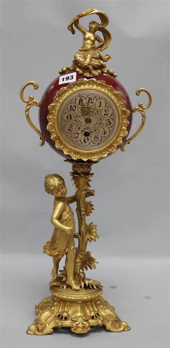 A 19th century French gilt spelter mantel timepiece, 22.5in.